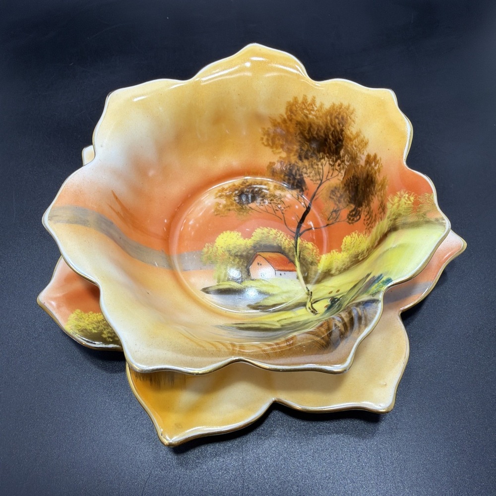 Vintage Noritake Hand Painted Bowl and Underplate Set Japan Landscape Sunset